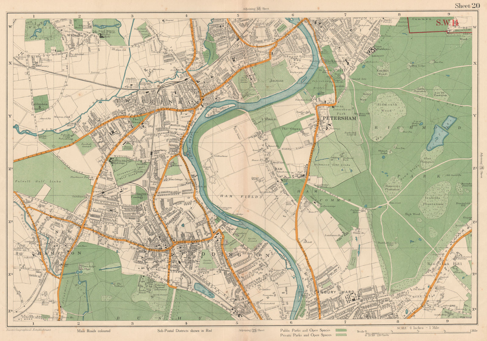 TWICKENHAM TEDDINGTON Petersham Richmond Hill/Park Kingston Ham. BACON 1927 map